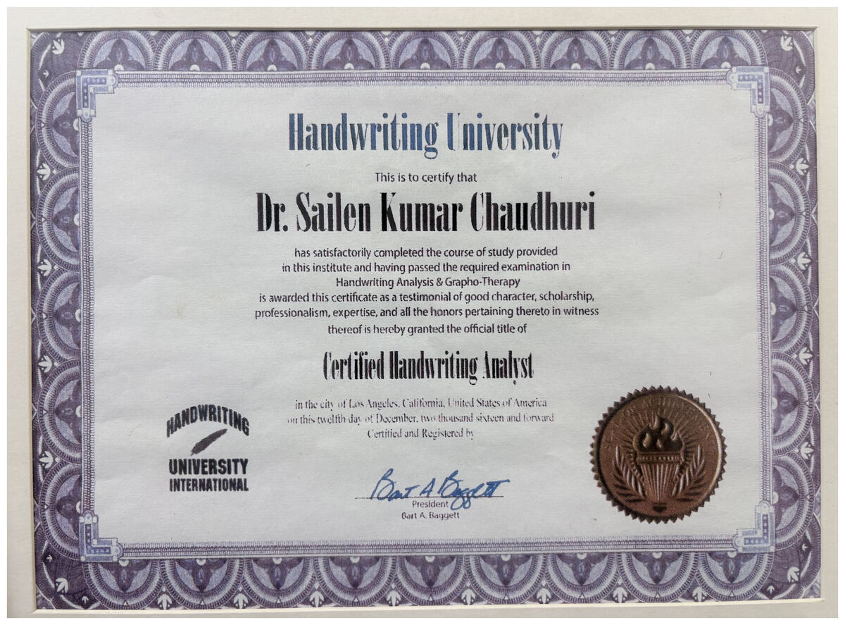 Certified Handwriting Analyst — Dr. Sailen Kumar Chaudhuri, Handwriting University International, Los Angeles, 12 December 2016